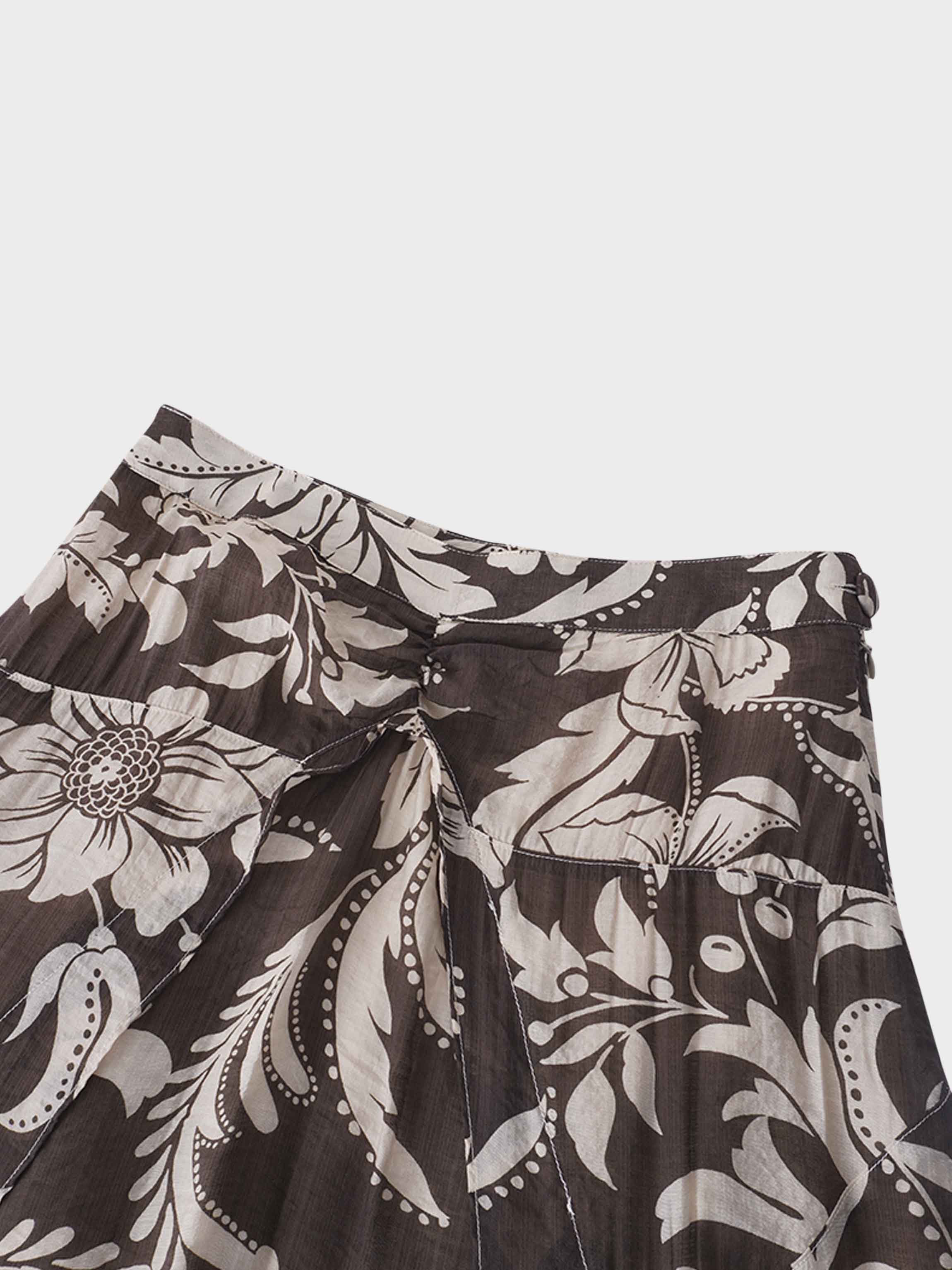 Asymmetrical Hem Ruffle Skirt-Brown Floral