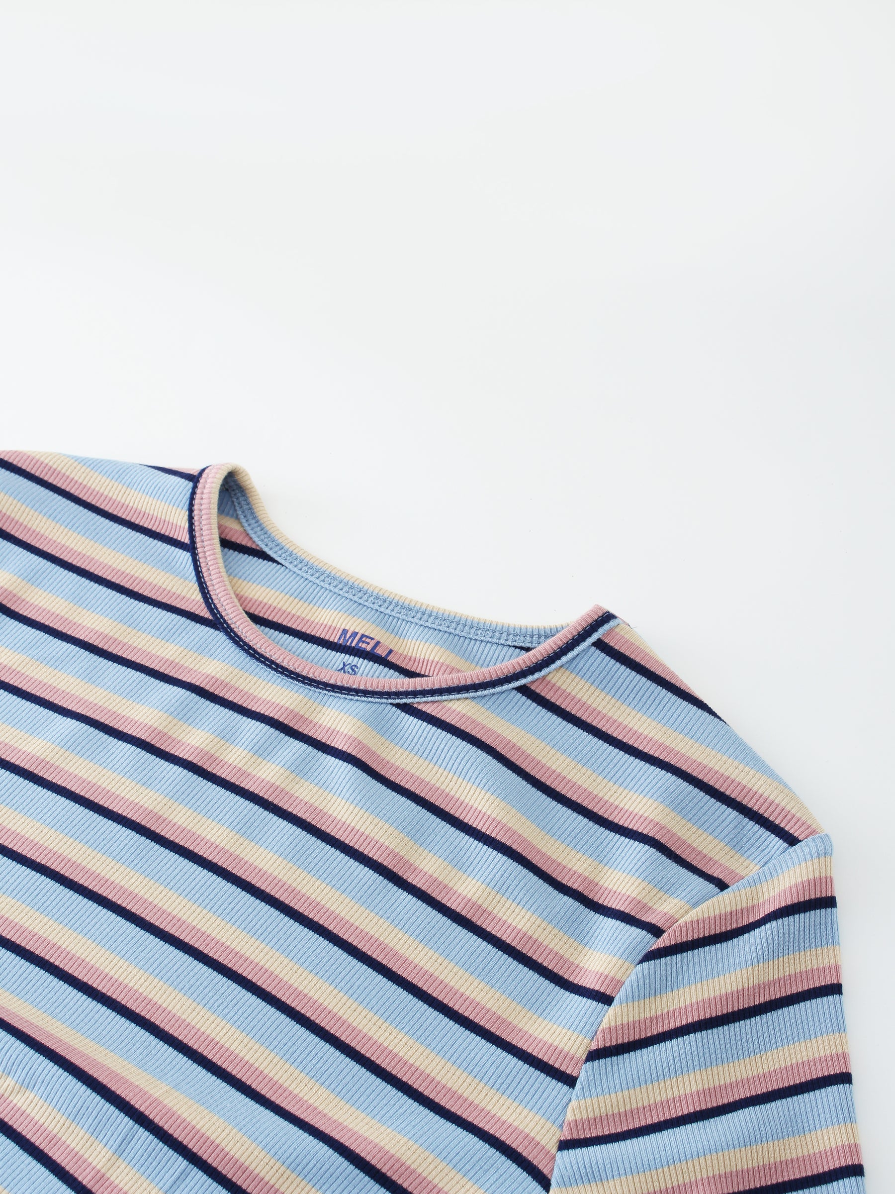 Camiseta acanalada a rayas-Azul/Rosa/Tostado