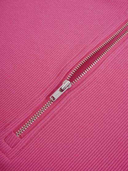 Ribbed Half Zip Hoodie Tee-Hot Pink