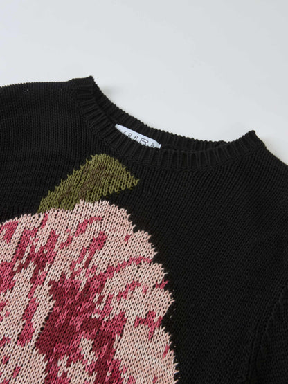 Loose Knit Flower Sweater - Black/Pink
