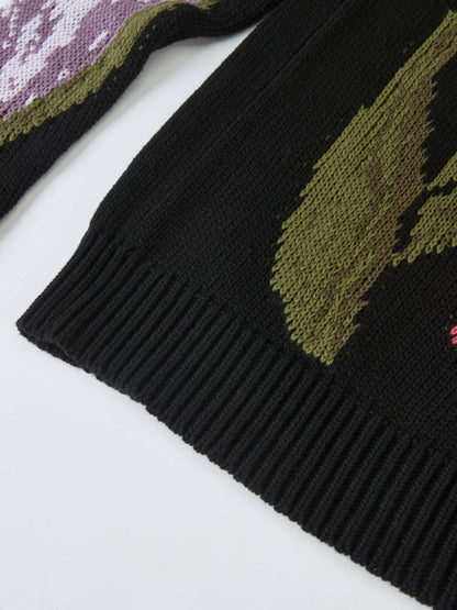 Loose Knit Flower Sweater - Black/Pink