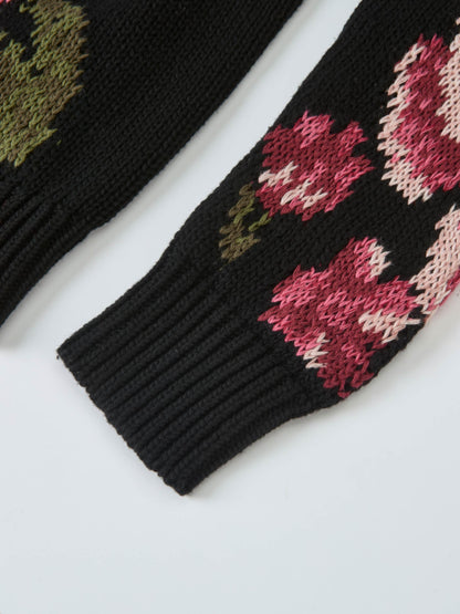 Loose Knit Flower Sweater - Black/Pink