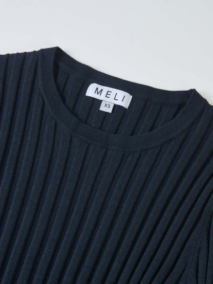 Ribbed Crew Neck Sweater - Navy