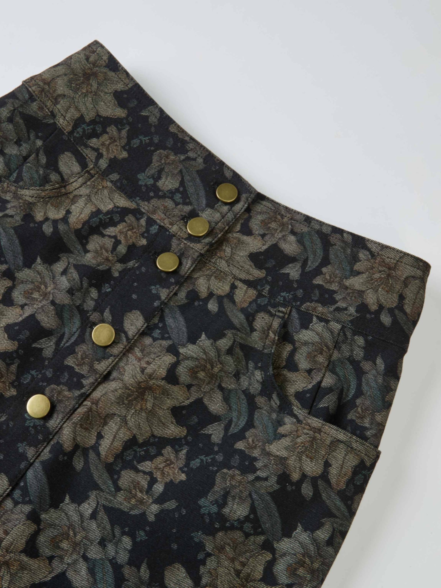 Button Down Straight Denim Skirt - Floral