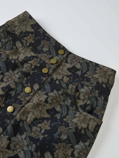 Button Down Straight Denim Skirt - Floral
