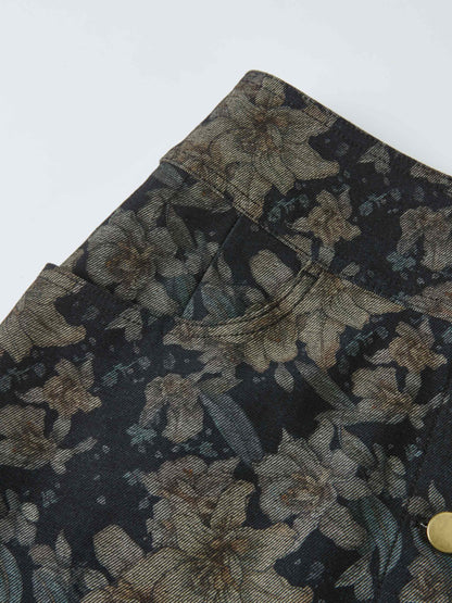 Button Down Straight Denim Skirt - Floral