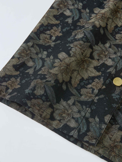 Button Down Straight Denim Skirt - Floral
