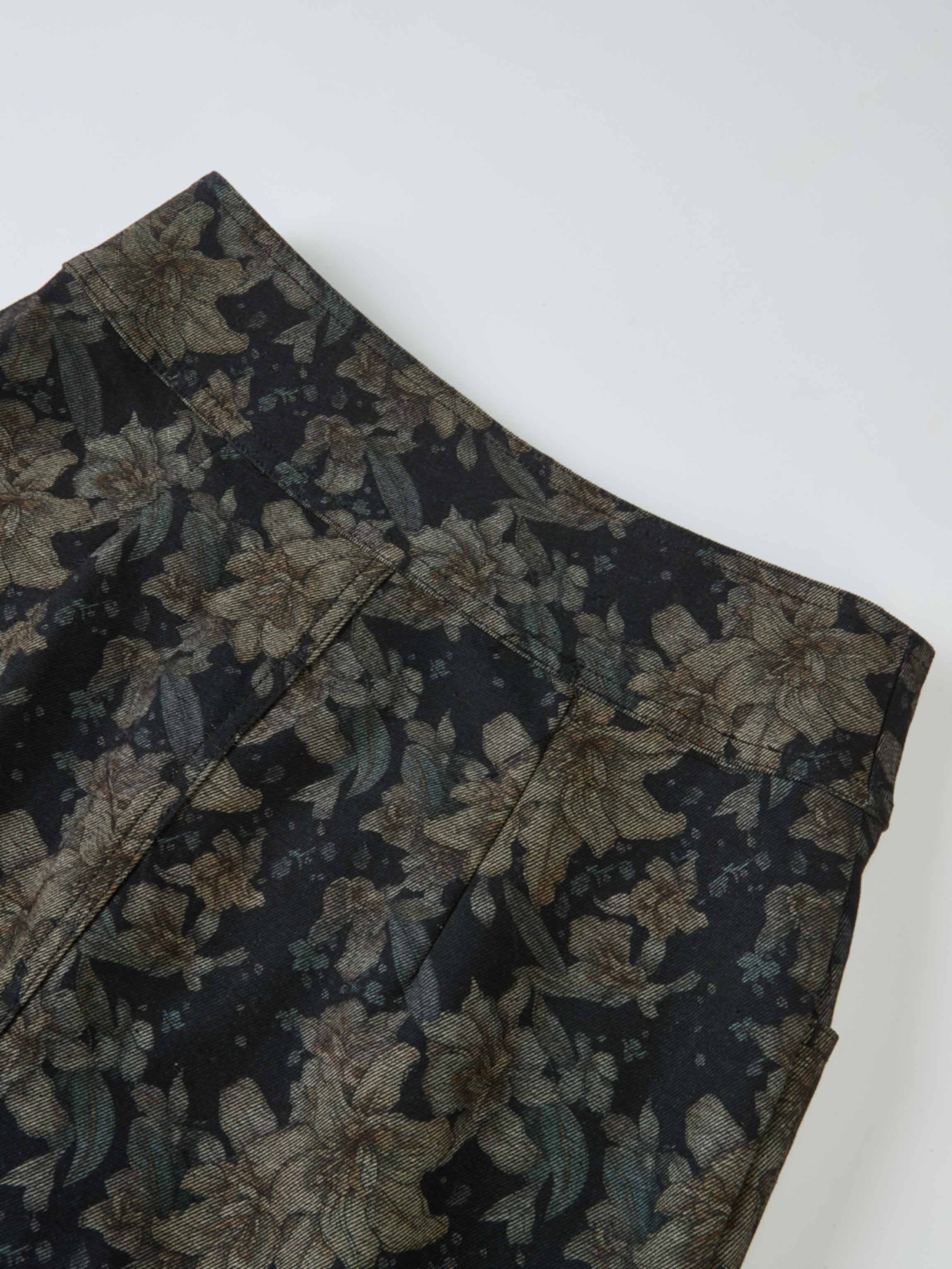 Button Down Straight Denim Skirt - Floral