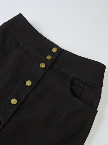 Button Down Straight Denim Skirt - Black