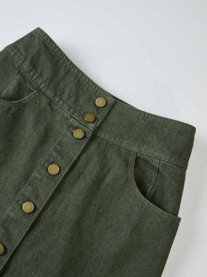 Button Down Straight Denim Skirt - Olive