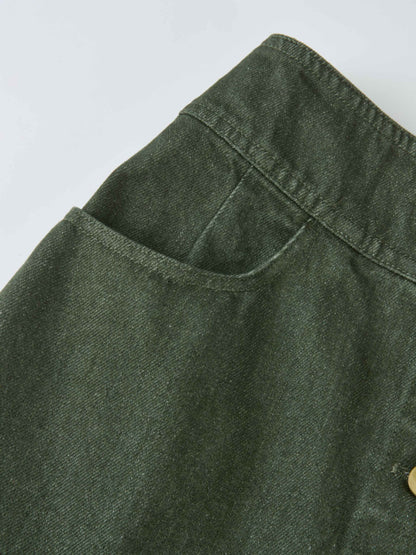 Button Down Straight Denim Skirt - Olive
