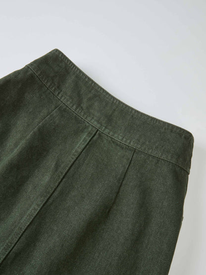 Button Down Straight Denim Skirt - Olive
