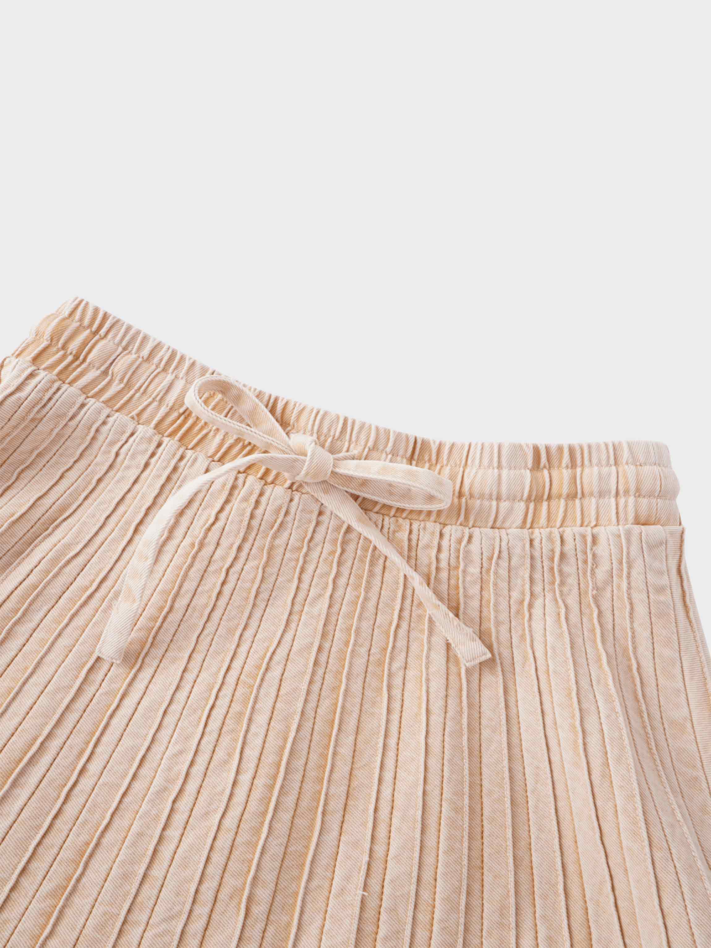 Stitched Micro Pleat Denim Skirt-Tan