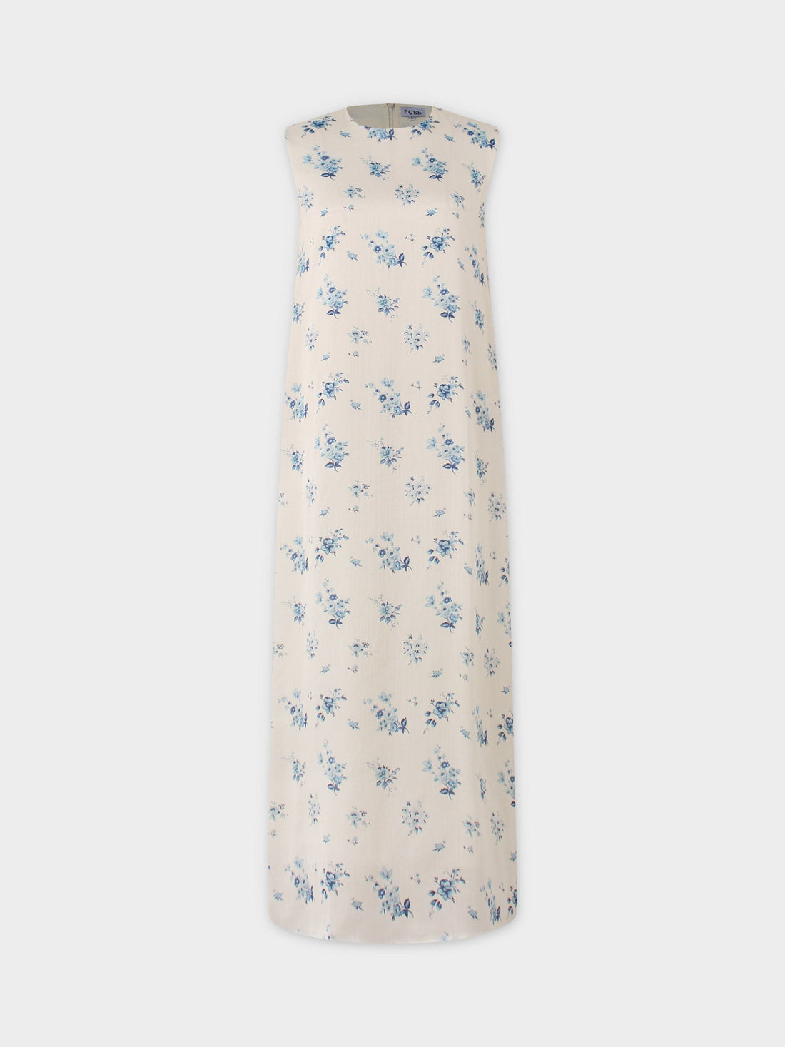 Sleeveless Crew Neck Dress-Blue Flower