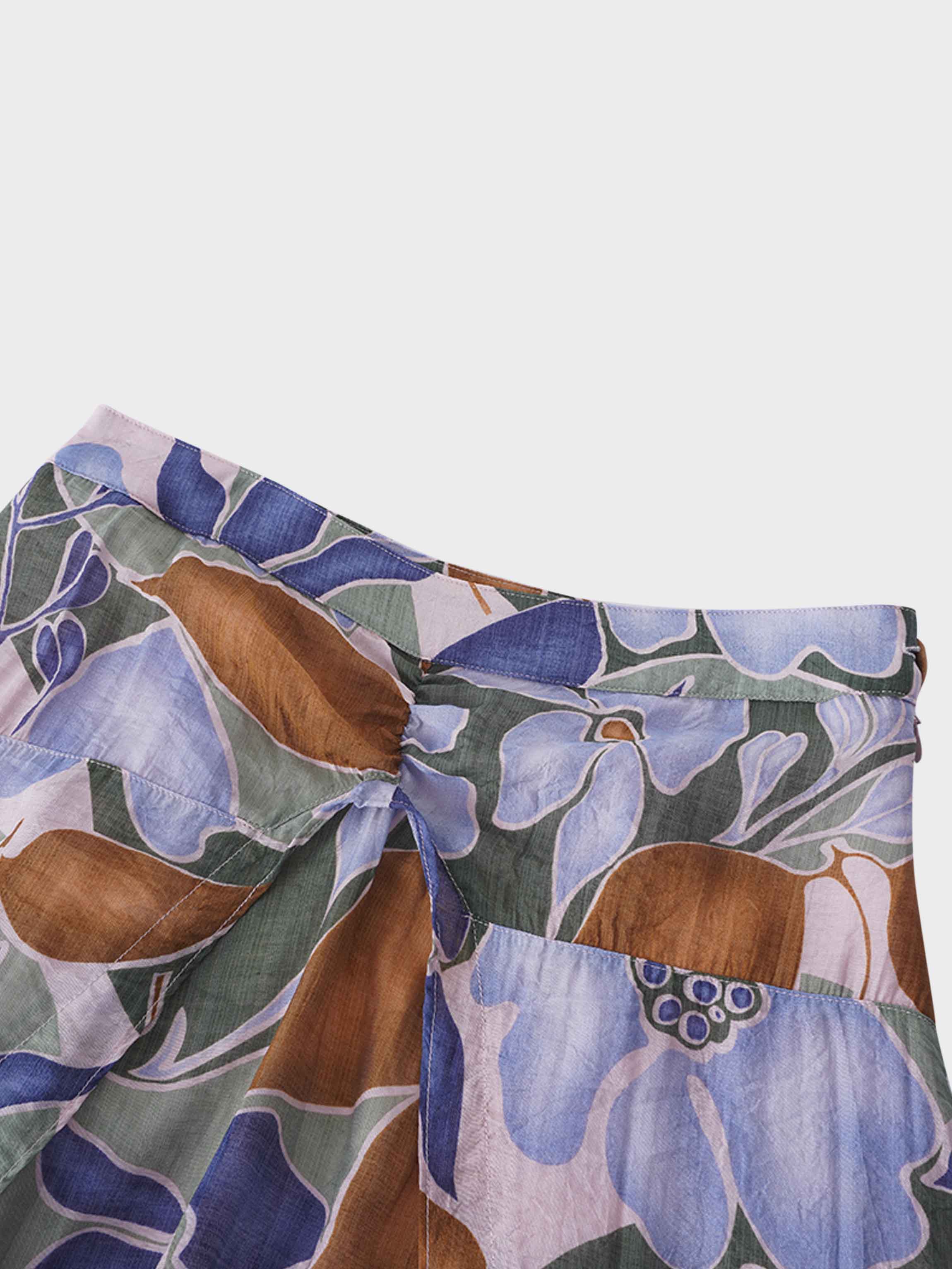 Asymmetrical Hem Ruffle Skirt-Brown Blue Floral