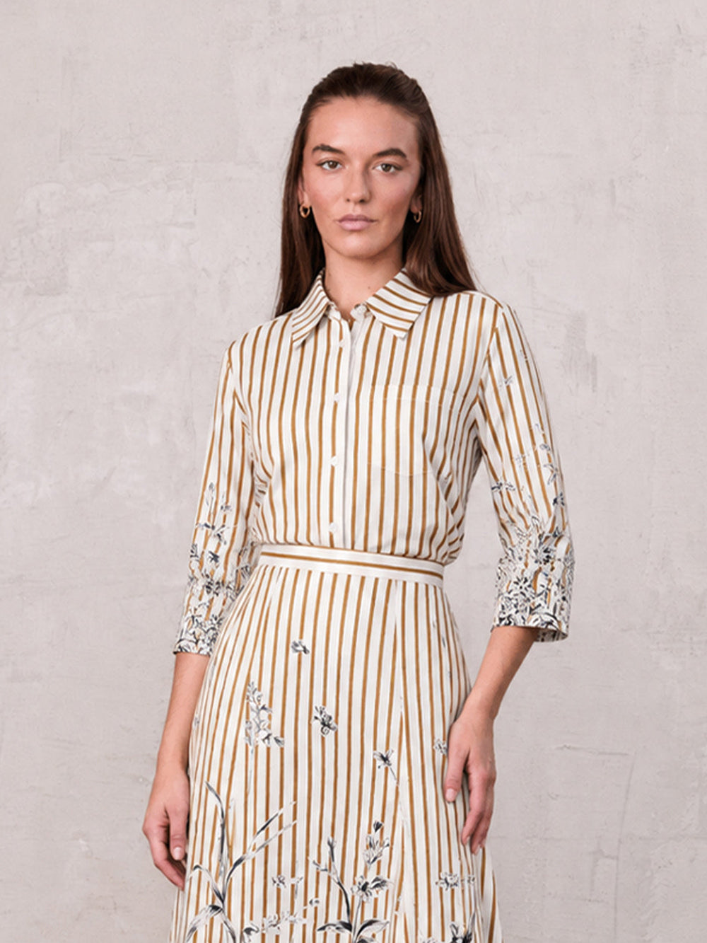 3/4 Sleeve Printed Blouse-Cream/Brown Stripe