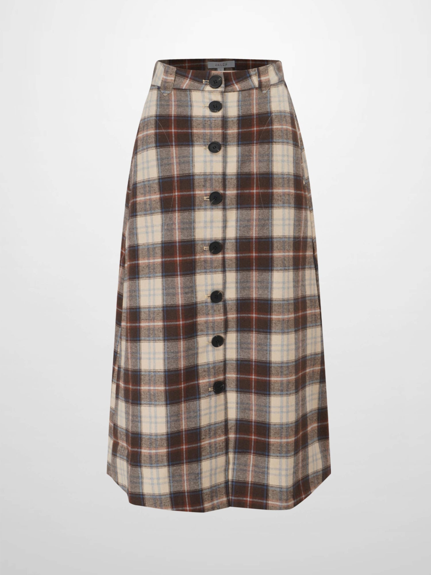 Plaid Button Down A-Line Skirt-Ivory/Tan/Brown