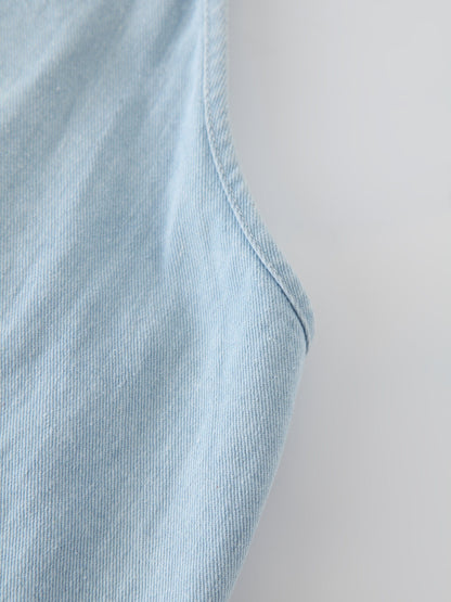 Solid Crew Neck Slip Dress-Sky Blue Denim