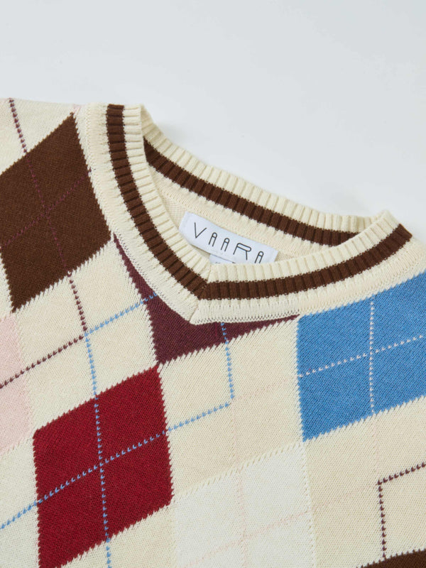 V Neck Argyle Sweater - Cream