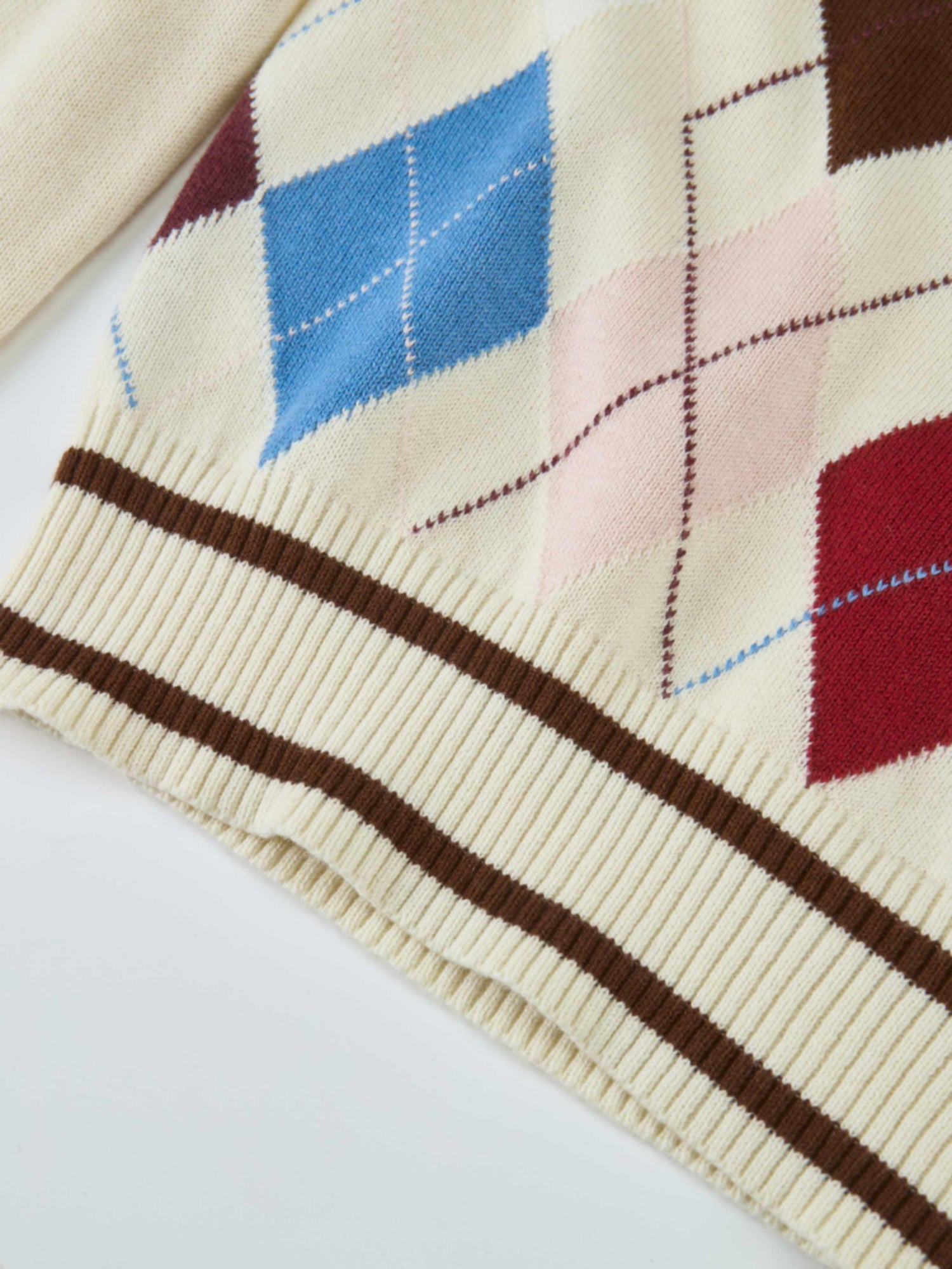 V Neck Argyle Sweater - Cream