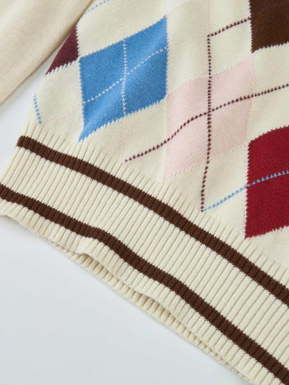 V Neck Argyle Sweater - Cream