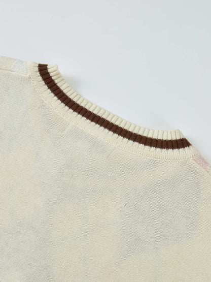 V Neck Argyle Sweater - Cream
