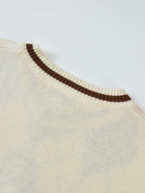 V Neck Argyle Sweater - Cream