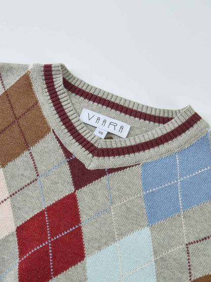 V Neck Argyle Sweater - Grey