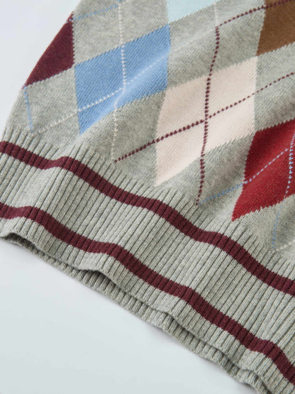 V Neck Argyle Sweater - Grey