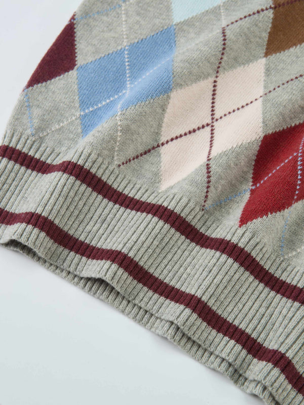 V Neck Argyle Sweater - Grey