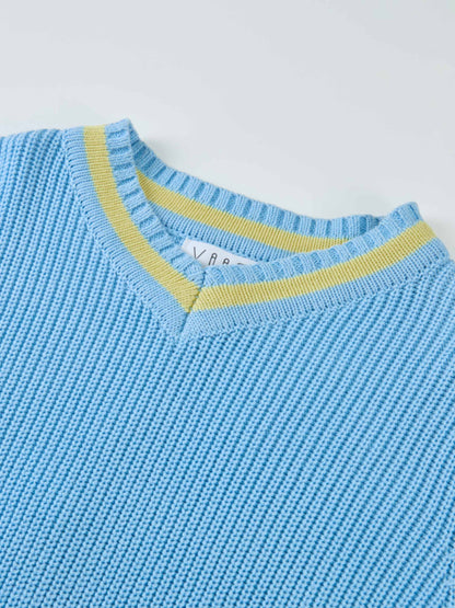V Neck Varsity Sweater - Light Blue/Yellow