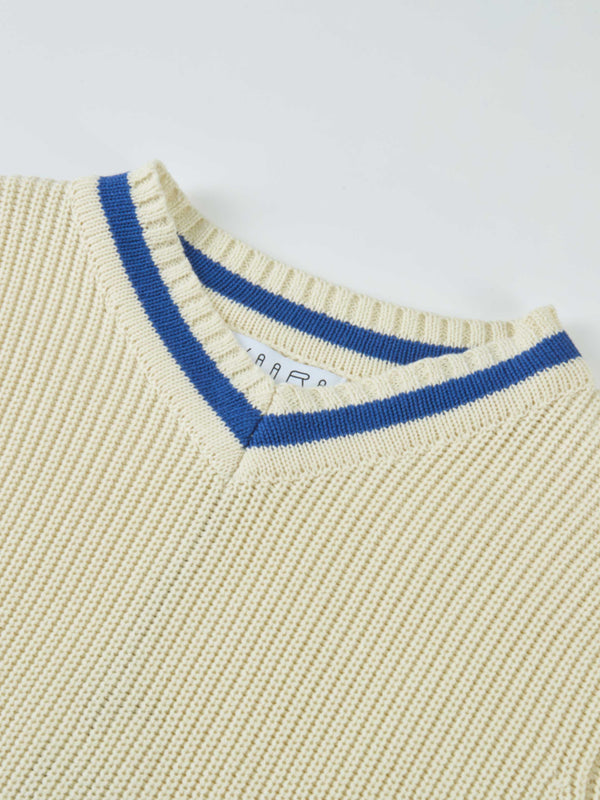 V Neck Varsity Sweater - Cream/Cobalt Blue