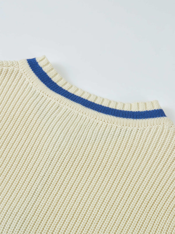 V Neck Varsity Sweater - Cream/Cobalt Blue