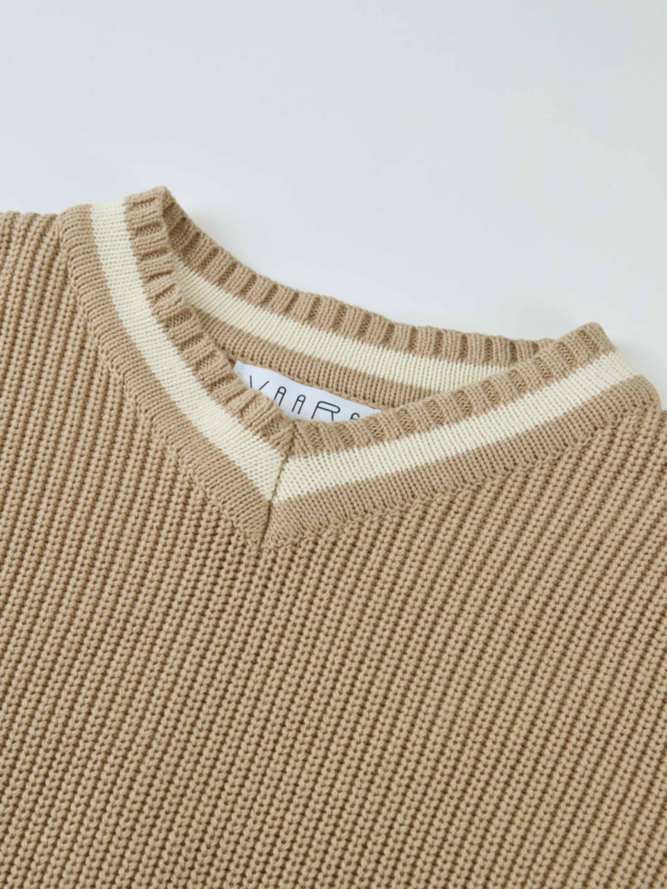 V Neck Varsity Sweater - Tan/Cream