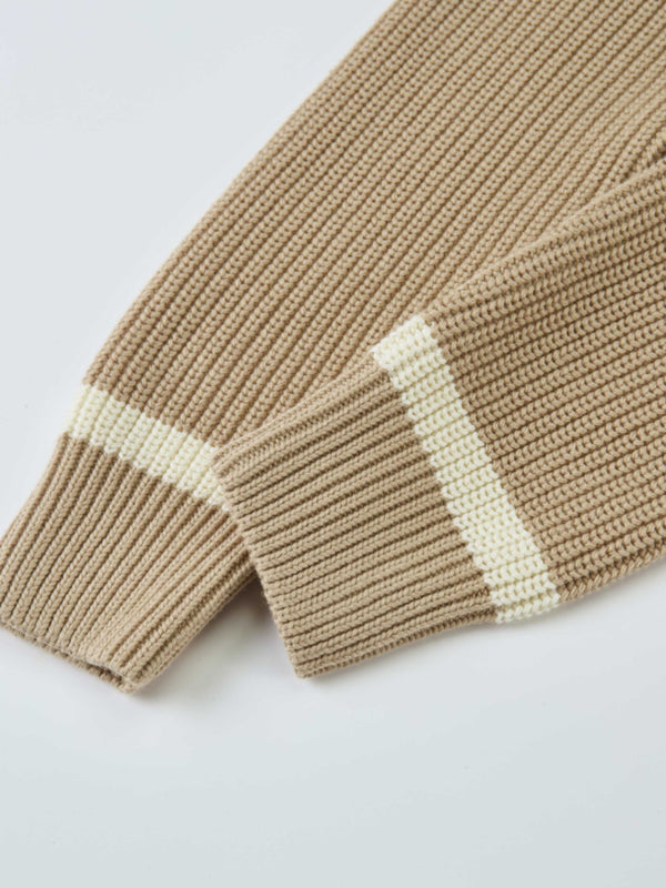 V Neck Varsity Sweater - Tan/Cream
