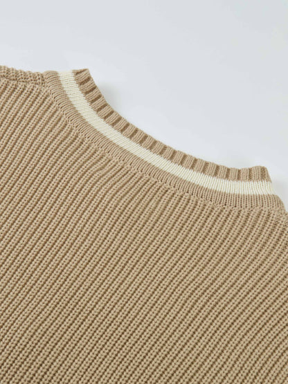 V Neck Varsity Sweater - Tan/Cream