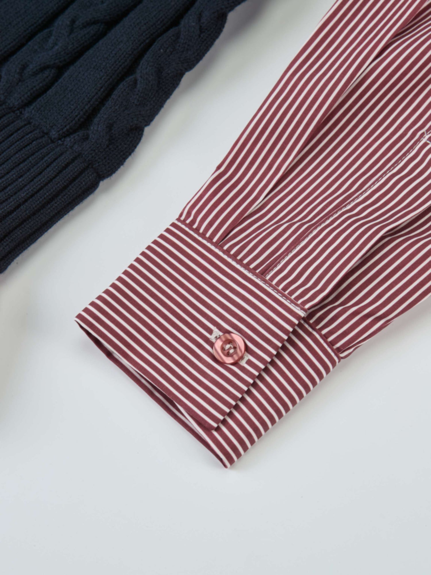 Striped Shirt Detail Sweater - Navy/Burgundy Stripe