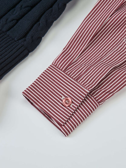 Striped Shirt Detail Sweater - Navy/Burgundy Stripe