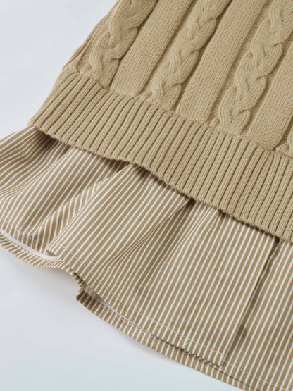 Striped Shirt Detail Sweater - Tan/Tan Stripe