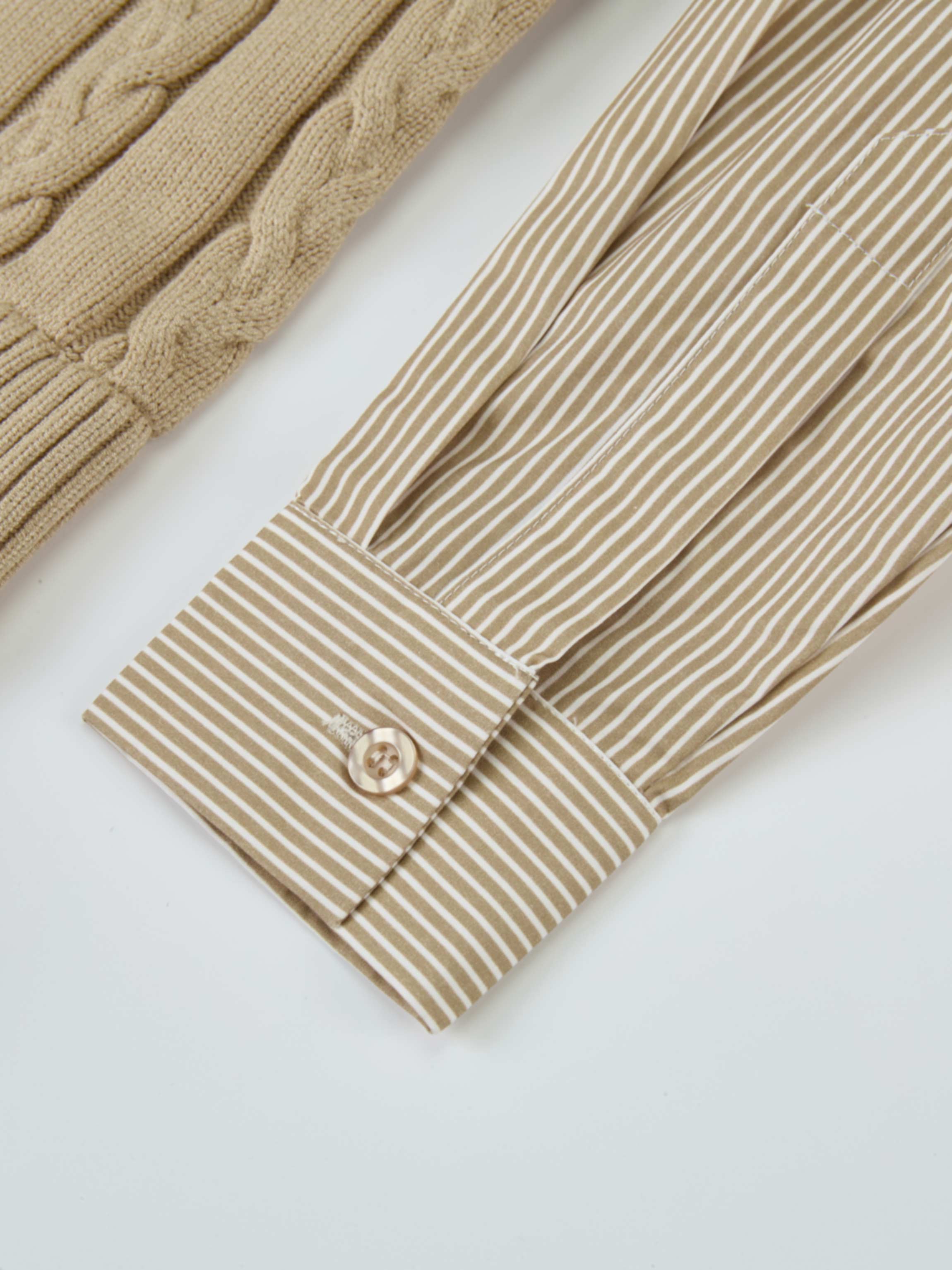 Striped Shirt Detail Sweater - Tan/Tan Stripe