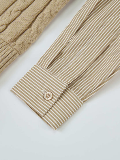 Striped Shirt Detail Sweater - Tan/Tan Stripe