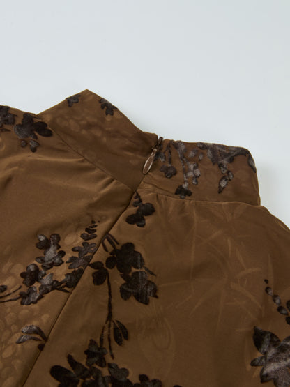 Front Knot Pleated Maxi Dress - Bronze/Black Floral