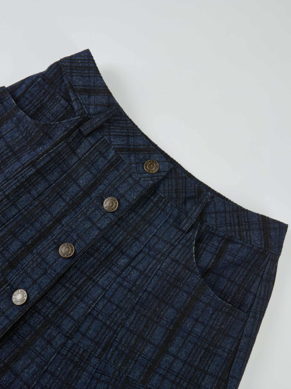Drop Waist Button Down Printed Denim Skirt - Blue Plaid