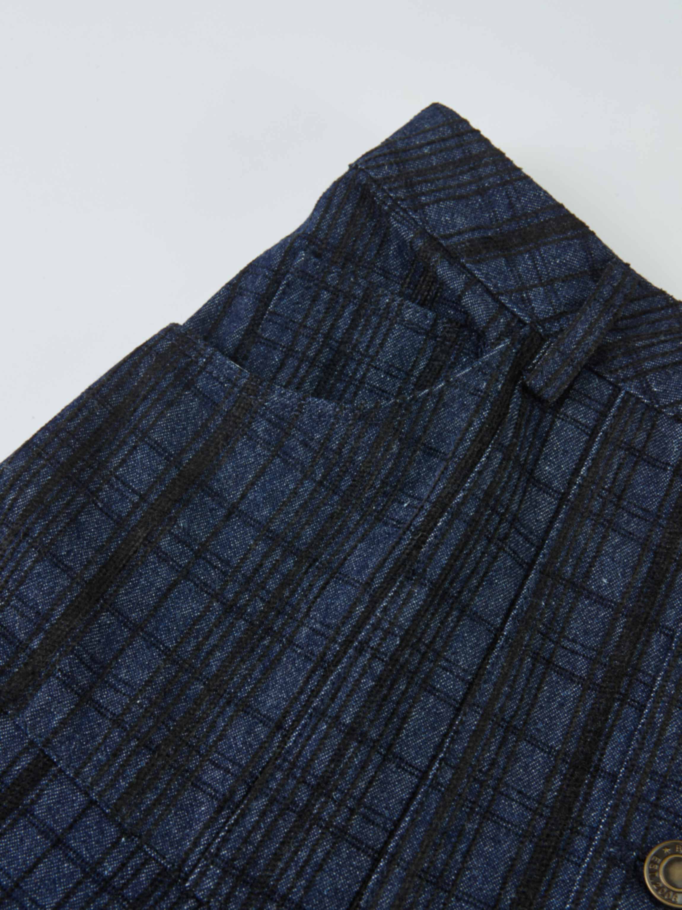 Drop Waist Button Down Printed Denim Skirt - Blue Plaid