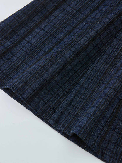 Drop Waist Button Down Printed Denim Skirt - Blue Plaid