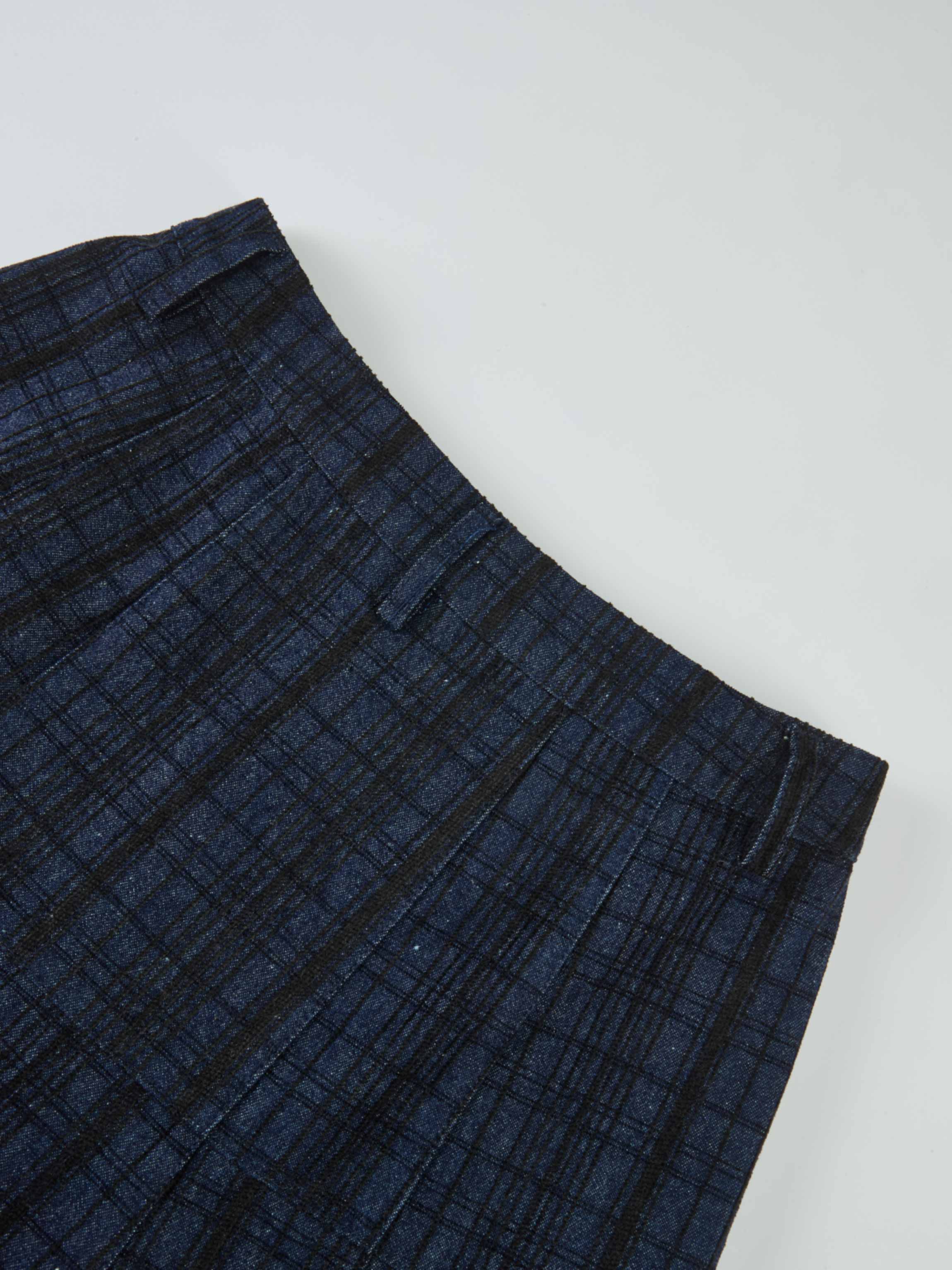 Drop Waist Button Down Printed Denim Skirt - Blue Plaid