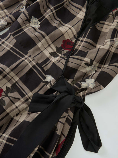 Handkerchief Hem Wrap Dress - Plaid/Floral