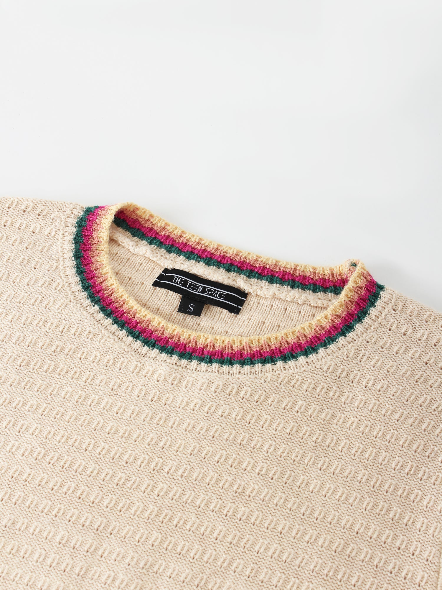 Crochet Trim Sweater-Tan/Pink