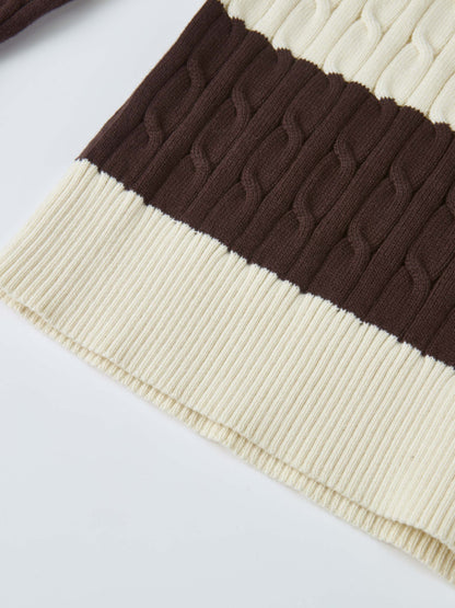 Wide Stripe Cable Knit Sweater - Cream/Brown