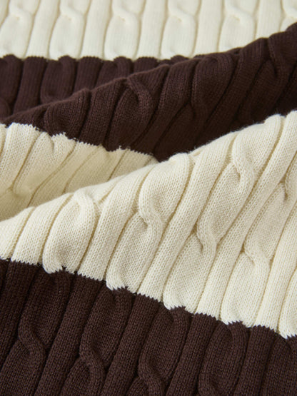Wide Stripe Cable Knit Sweater - Cream/Brown